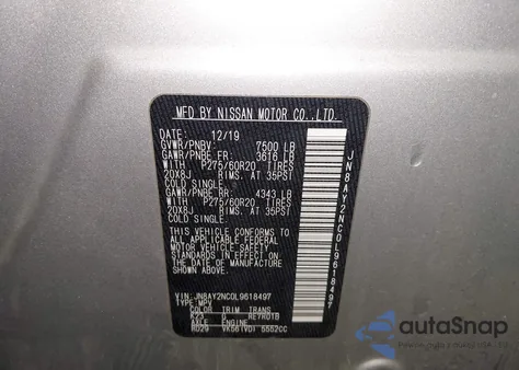 2020 Nissan Armada Sl 4Wd z USA, uszkodzony, nr VIN JN8AY2NC0L9618497